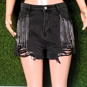 Distressed, rhinestone, fringe shorts in black